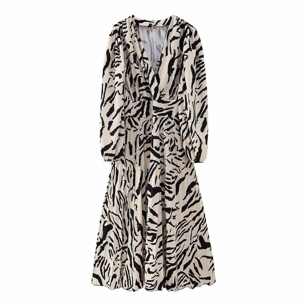 Women's Black & Cream Printed Long Sleeve Wrap Dress